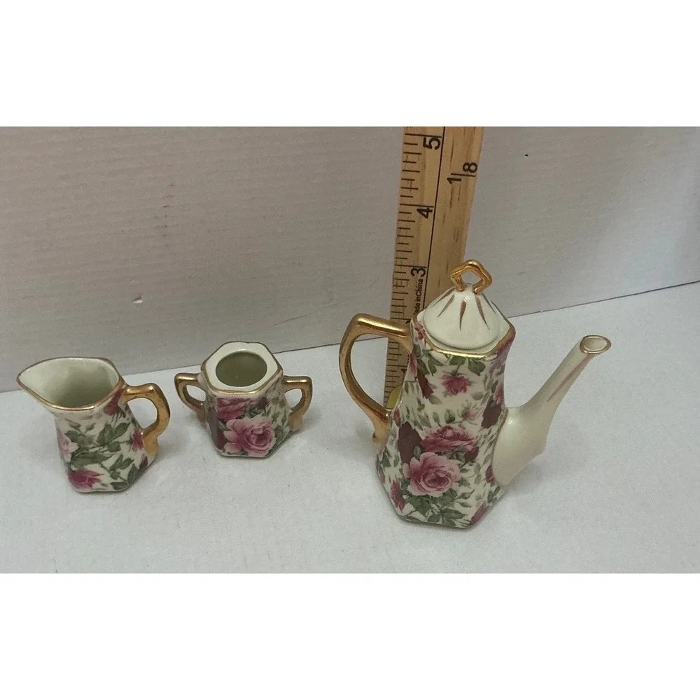 Vintage Miniature Tea Set Porcelain Rose Floral Gold Trim 6pc Set